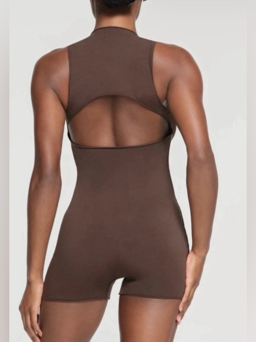 SKIMS RAW EDGE OPEN BACK ONESIE ROMPER, BROWN, SIZE S. - Picture 2 of 13